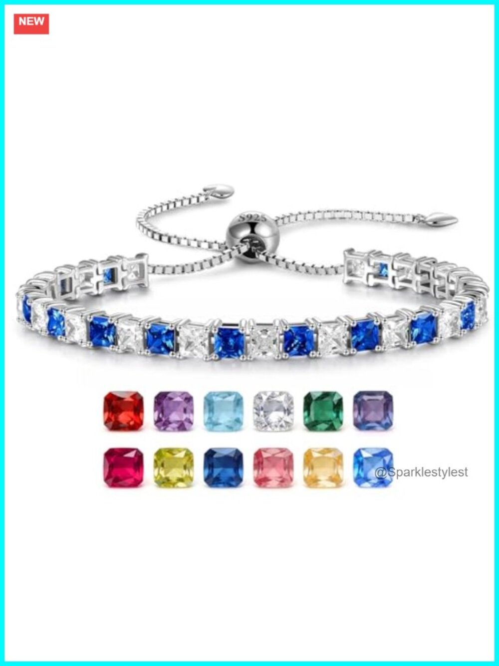Birthstone Tennis Bracelet 925 Sterling Silver Plated Heart Charm